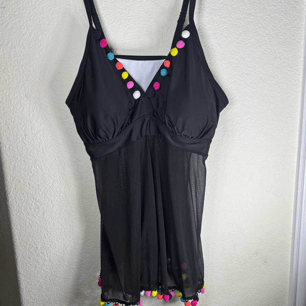 Black Mesh Tankini Tunic with Multicolor Pom-Poms - Picture 1 of 5